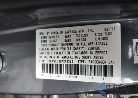 2012 Honda Accord Lx z USA, uszkodzony, nr VIN 1HGCP2F36CA244323